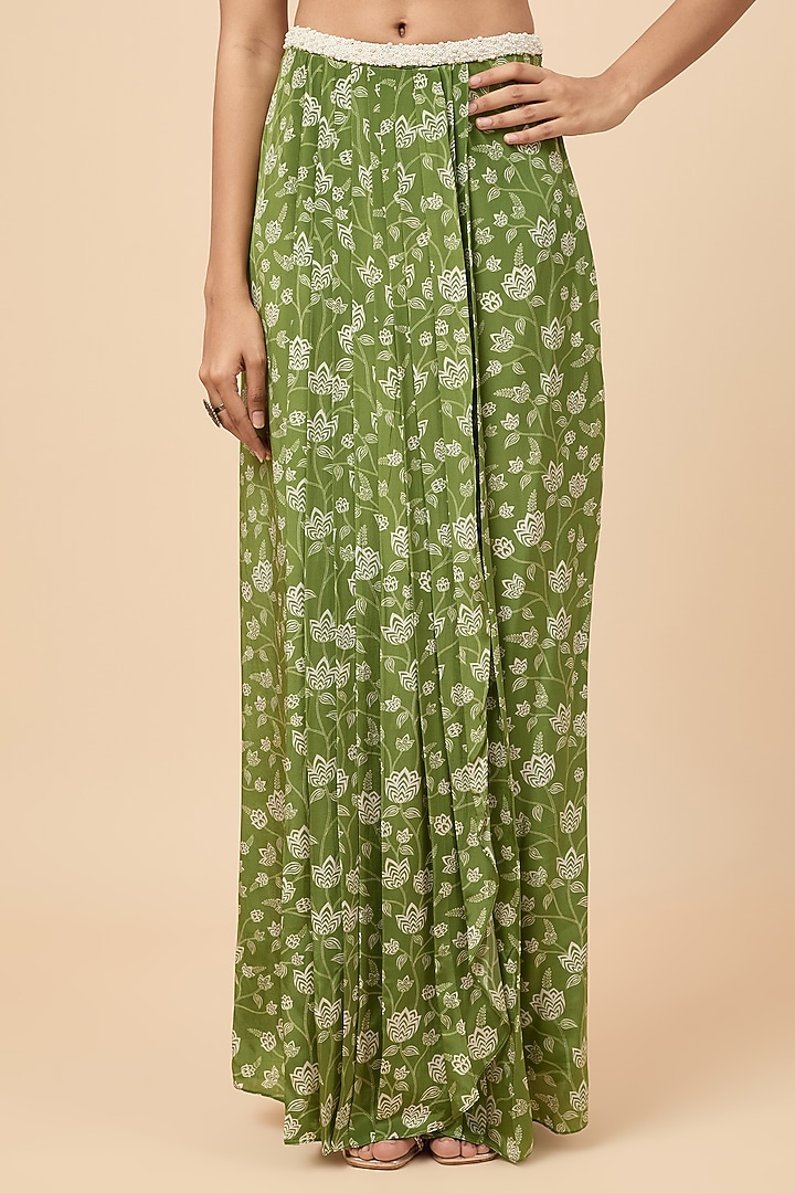 Green Natural Crepe Mirror Embroidered & Floral Printed Jacket Set by Essay by Sumedha Agrawal at Pernia's Pop Up Shop