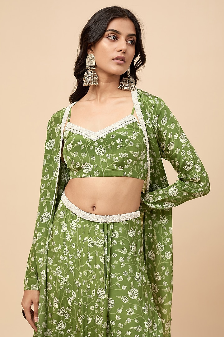 Green Natural Crepe Mirror Embroidered & Floral Printed Jacket Set by Essay by Sumedha Agrawal at Pernia's Pop Up Shop