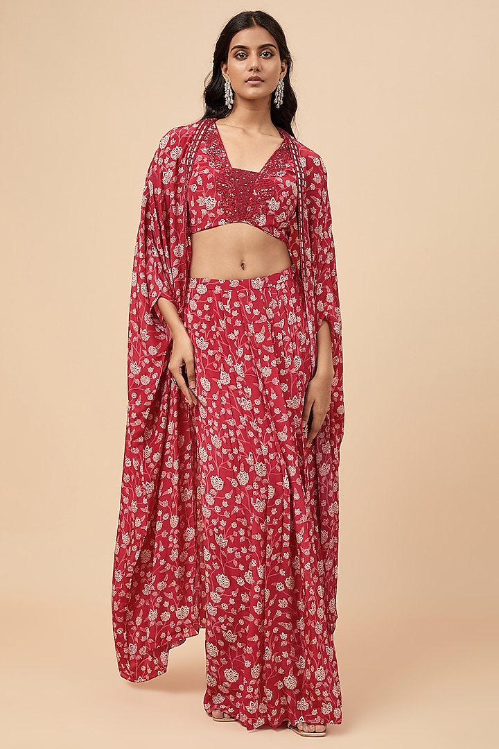 Red Natural Crepe Hand Embroidered & Floral Printed Cape Set by Essay by Sumedha Agrawal