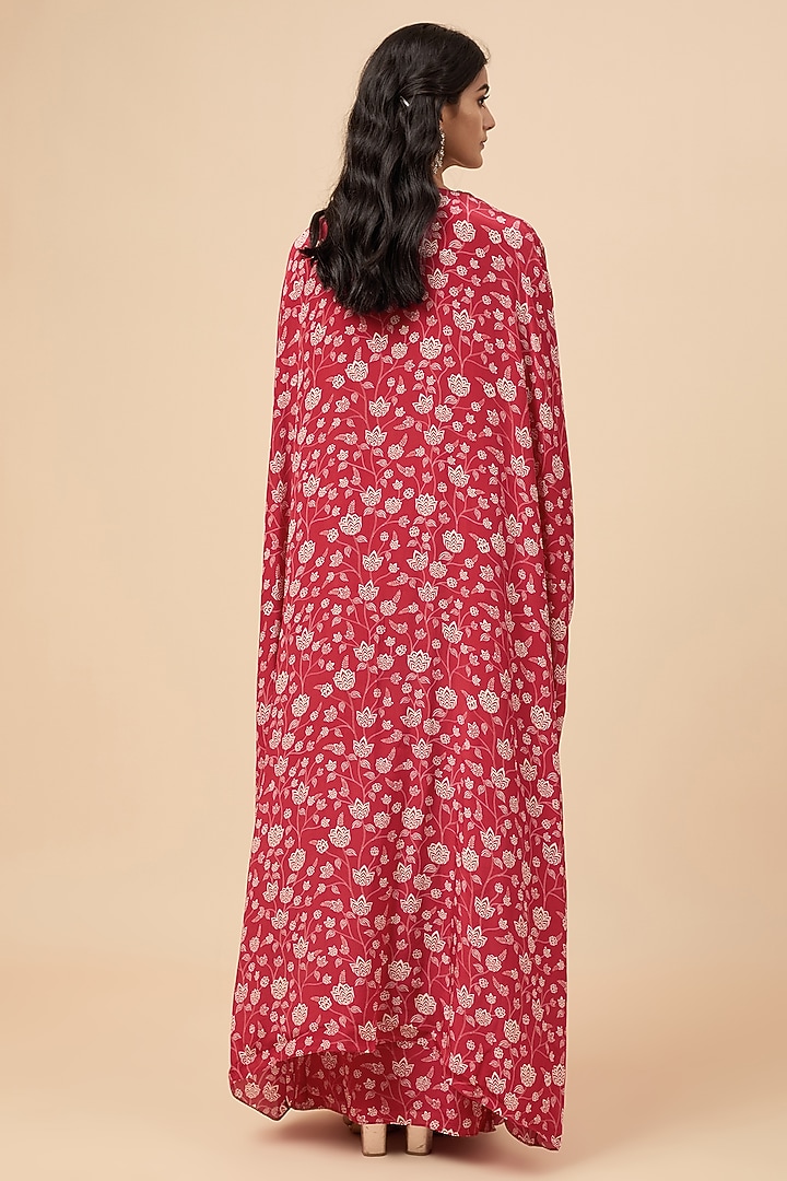 Red Natural Crepe Hand Embroidered & Floral Printed Cape Set by Essay by Sumedha Agrawal at Pernia's Pop Up Shop