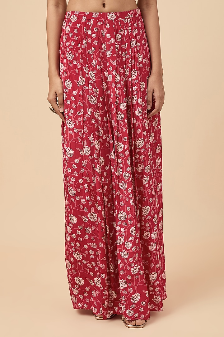 Red Natural Crepe Hand Embroidered & Floral Printed Cape Set by Essay by Sumedha Agrawal at Pernia's Pop Up Shop