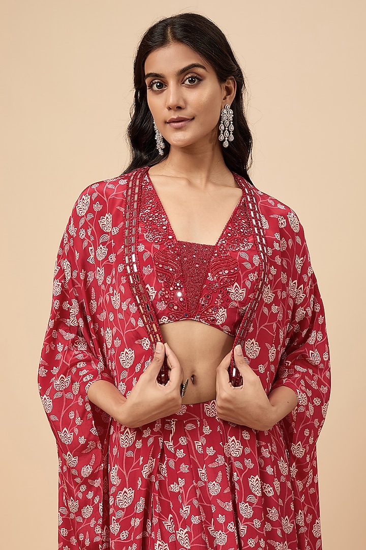 Red Natural Crepe Hand Embroidered & Floral Printed Cape Set by Essay by Sumedha Agrawal at Pernia's Pop Up Shop
