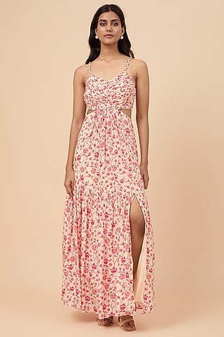 Beige Natural Crepe Floral Printed Dress by Essay by Sumedha Agrawal