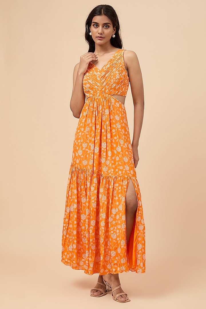 Orange Natural Crepe Floral Printed Maxi Dress by Essay by Sumedha Agrawal