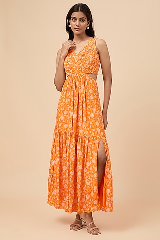 Orange Natural Crepe Floral Printed Maxi Dress by Essay by Sumedha Agrawal