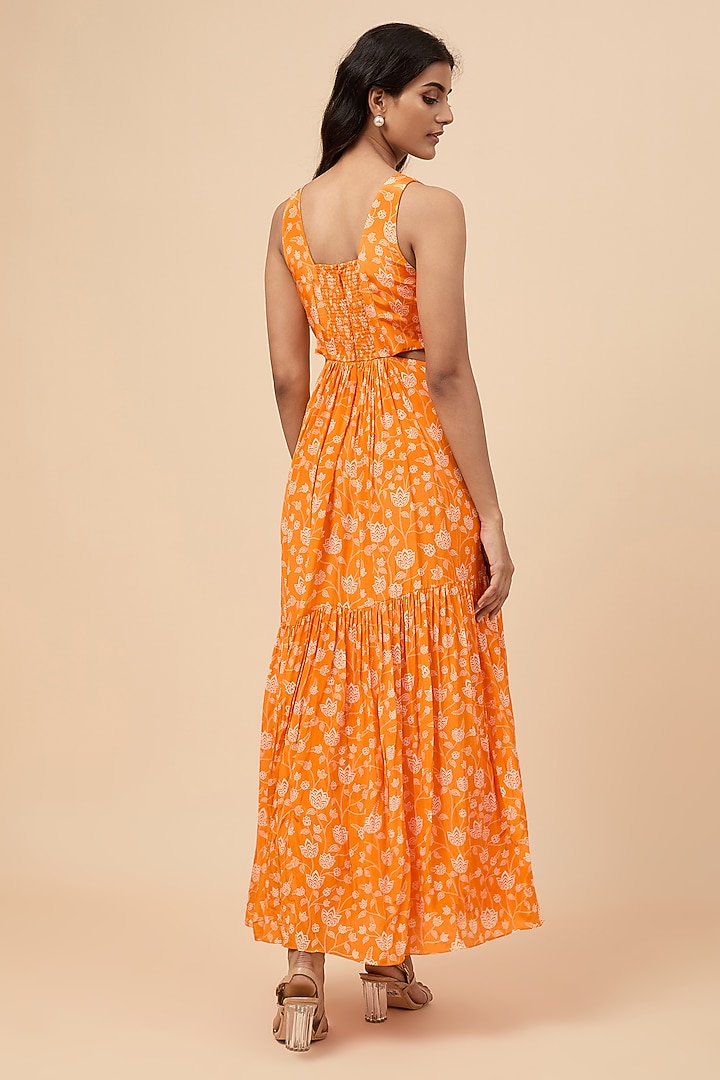 Orange Natural Crepe Floral Printed Maxi Summer Dress by Essay by Sumedha Agrawal at Pernia's Pop Up Shop