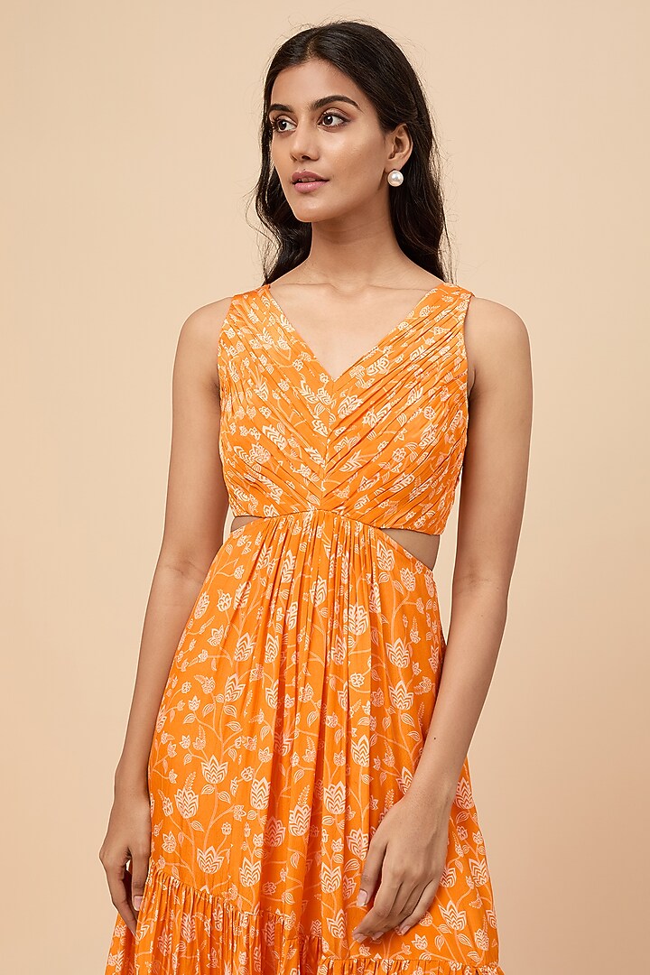 Orange Natural Crepe Floral Printed Maxi Summer Dress by Essay by Sumedha Agrawal at Pernia's Pop Up Shop