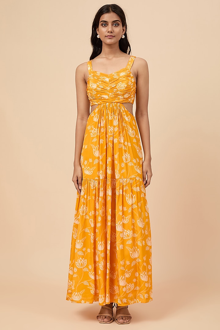 Yellow Natural Crepe Floral Printed Maxi Dress by Essay by Sumedha Agrawal