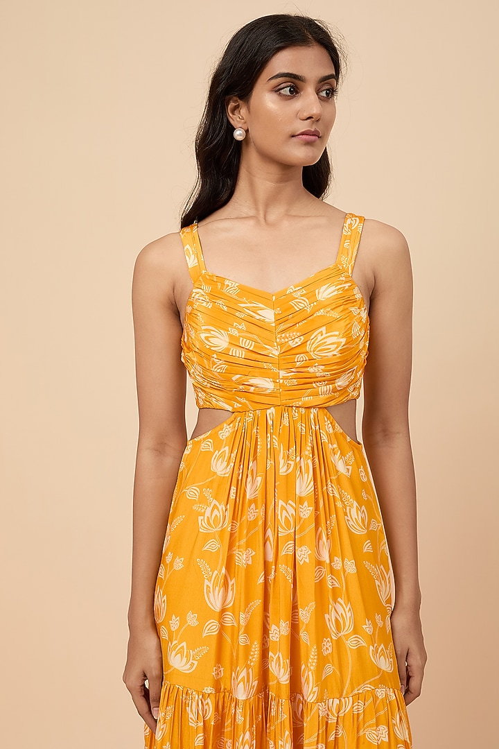 Yellow Natural Crepe Floral Printed Maxi Summer Dress by Essay by Sumedha Agrawal at Pernia's Pop Up Shop