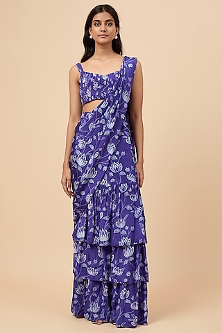 Blue Natural Crepe Floral Printed Ruffle Saree Set by Essay by Sumedha Agrawal