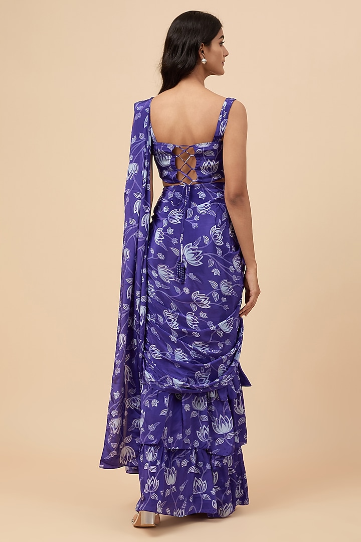 Blue Natural Crepe Floral Printed Ruffle Party Wear Saree Set by Essay by Sumedha Agrawal at Pernia's Pop Up Shop