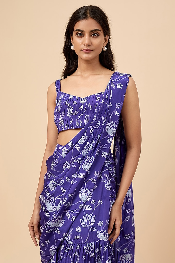 Blue Natural Crepe Floral Printed Ruffle Party Wear Saree Set by Essay by Sumedha Agrawal at Pernia's Pop Up Shop
