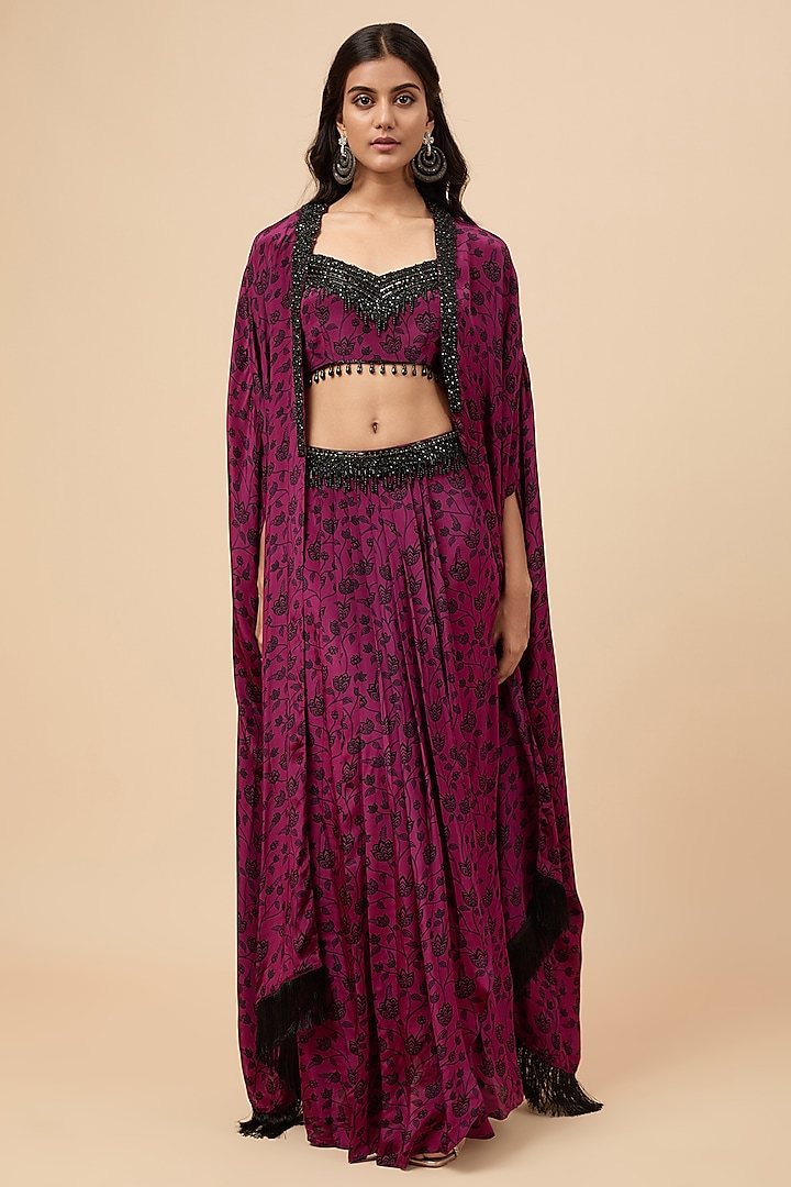 Wine Natural Crepe Floral Printed Cape Set by Essay by Sumedha Agrawal