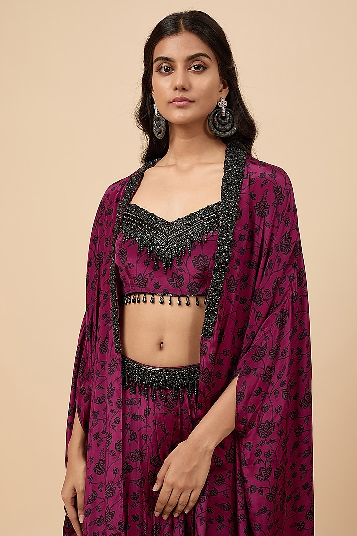Wine Natural Crepe Floral Printed Cape Set by Essay by Sumedha Agrawal at Pernia's Pop Up Shop