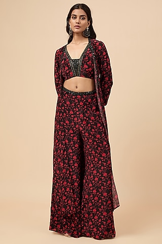 Black Natural Crepe Floral Printed Jacket Set by Essay by Sumedha Agrawal