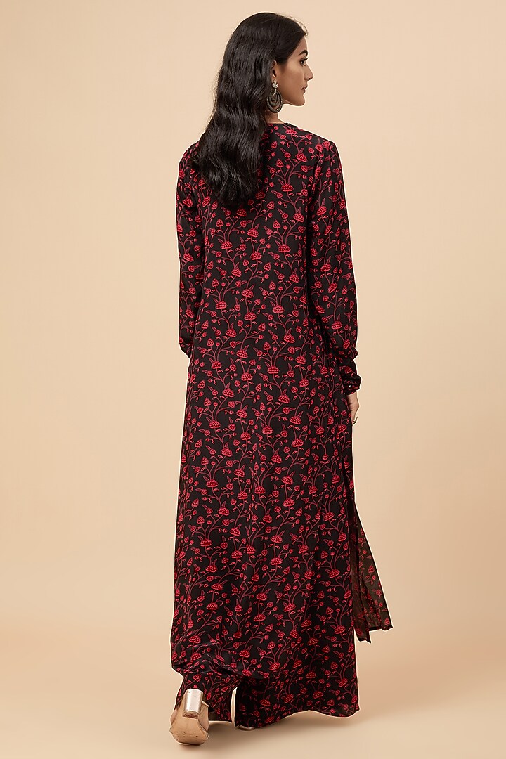 Black Natural Crepe Floral Printed Jacket Set by Essay by Sumedha Agrawal at Pernia's Pop Up Shop