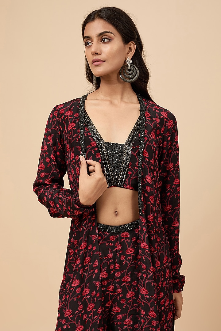 Black Natural Crepe Floral Printed Jacket Set by Essay by Sumedha Agrawal at Pernia's Pop Up Shop