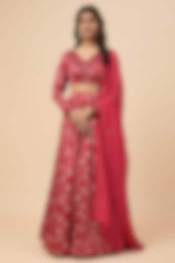 Red Organza Satin Floral Printed Lehenga Set by Essay by Sumedha Agrawal at Pernia's Pop Up Shop