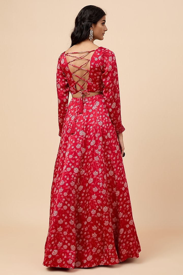 Red Organza Satin Floral Printed Lehenga Set by Essay by Sumedha Agrawal at Pernia's Pop Up Shop