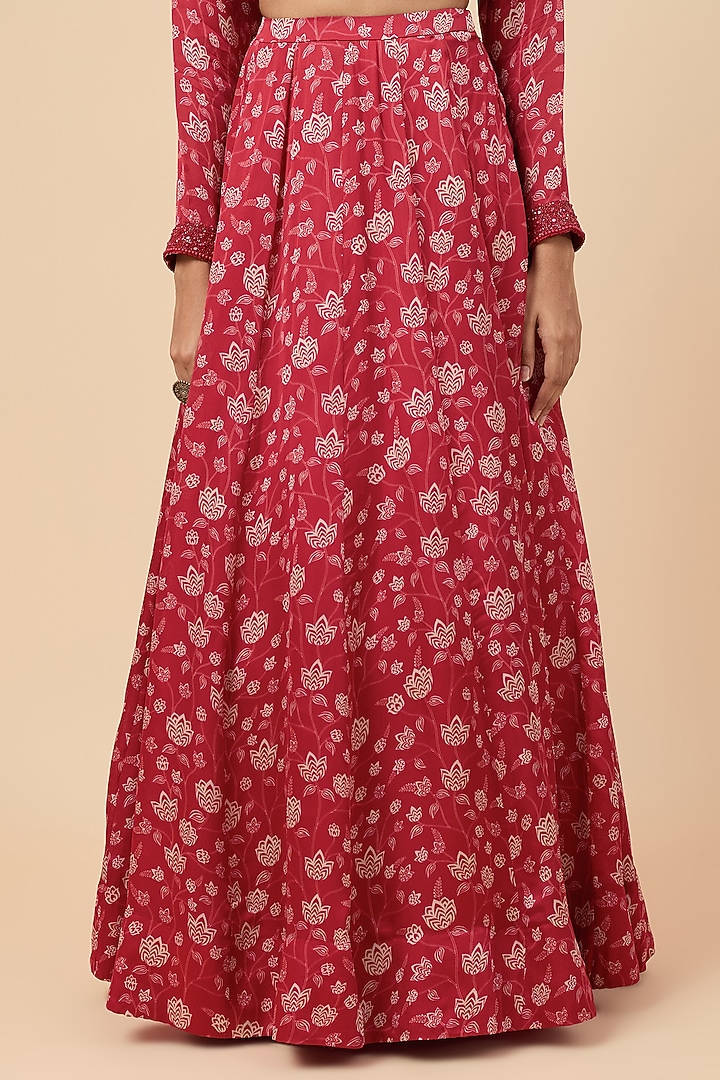Red Organza Satin Floral Printed Lehenga Set by Essay by Sumedha Agrawal at Pernia's Pop Up Shop