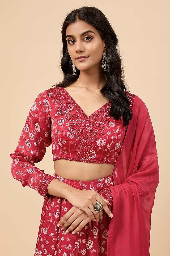 Red Organza Satin Floral Printed Lehenga Set by Essay by Sumedha Agrawal at Pernia's Pop Up Shop