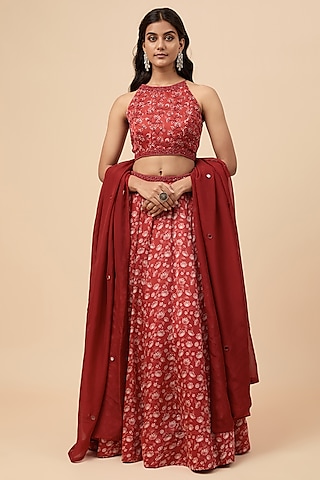Maroon Organza Satin Floral Printed Lehenga Set by Essay by Sumedha Agrawal