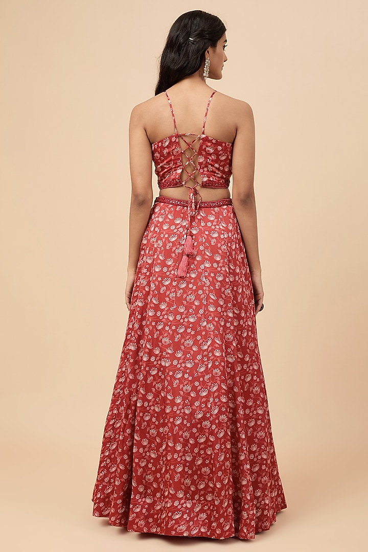 Maroon Organza Satin Floral Printed Wedding Lehenga Set by Essay by Sumedha Agrawal at Pernia's Pop Up Shop