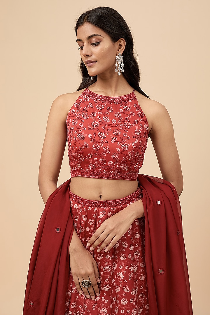 Maroon Organza Satin Floral Printed Wedding Lehenga Set by Essay by Sumedha Agrawal at Pernia's Pop Up Shop