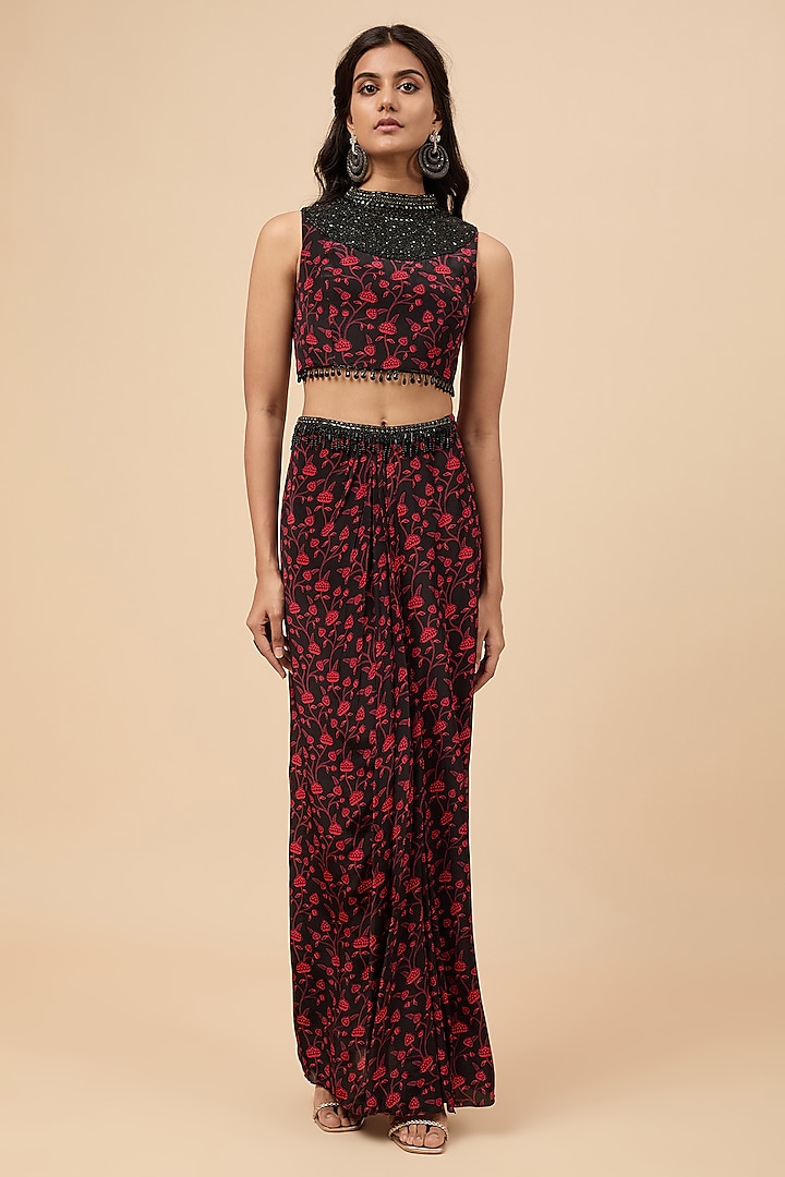 Black Natural Crepe Embroidered & Floral Printed Skirt Set by Essay by Sumedha Agrawal