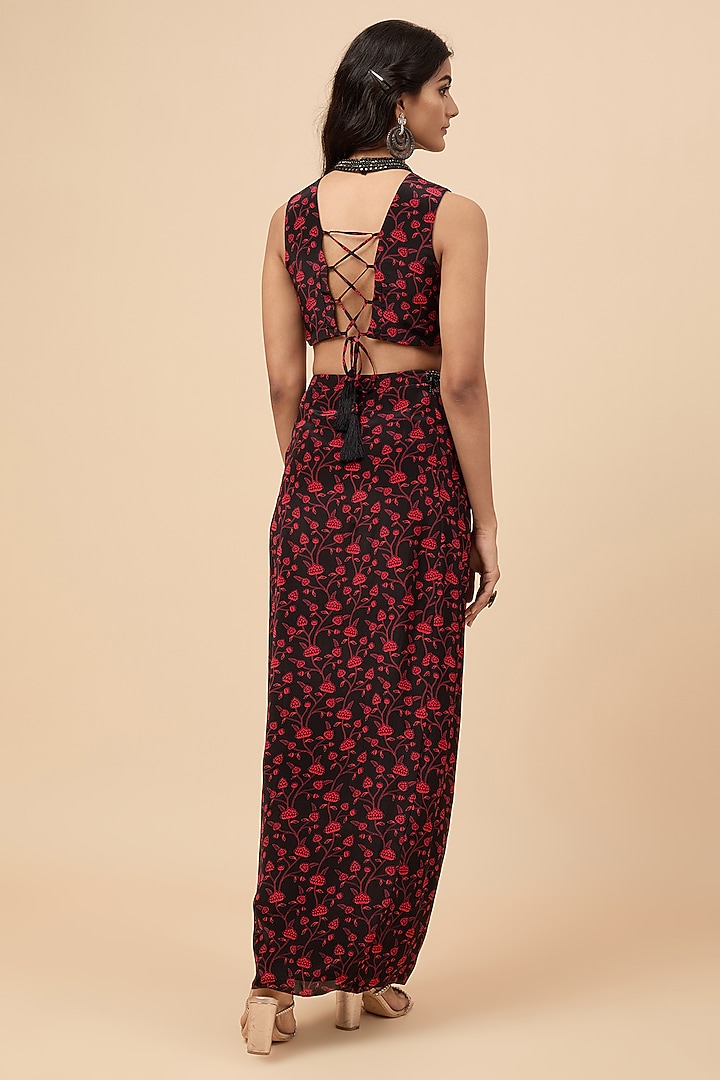 Black Natural Crepe Embroidered & Floral Printed Skirt Set by Essay by Sumedha Agrawal at Pernia's Pop Up Shop