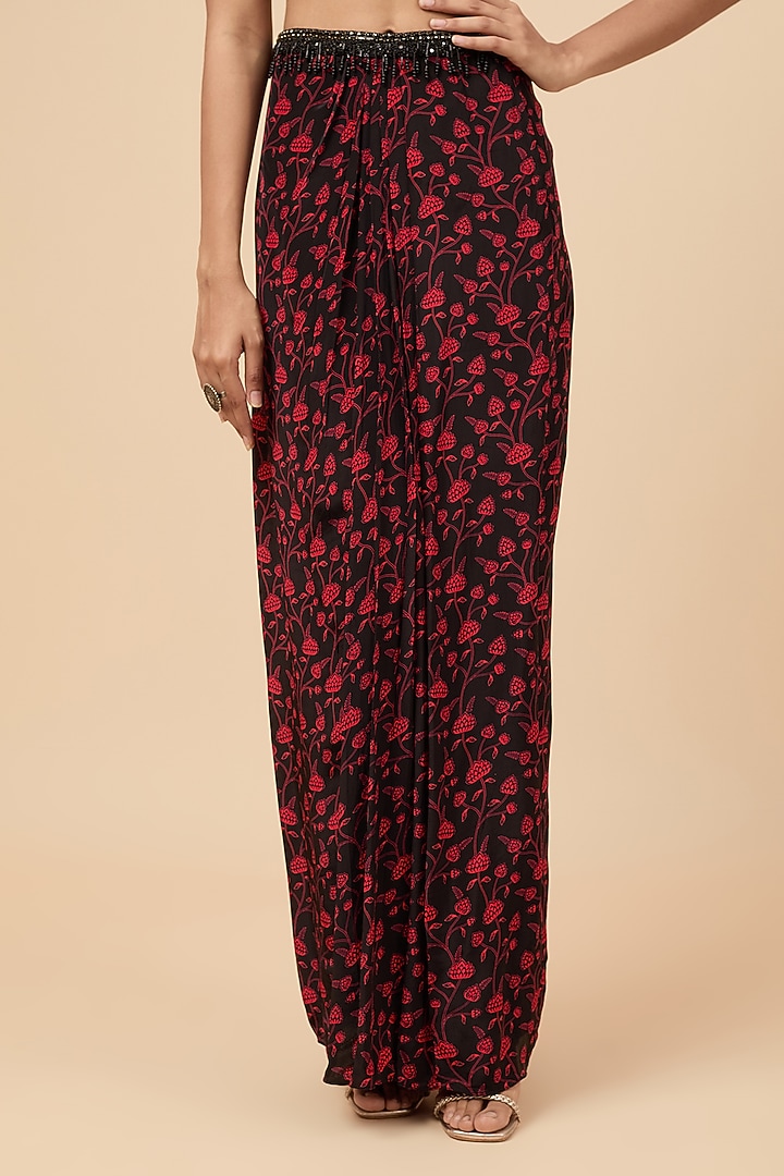 Black Natural Crepe Embroidered & Floral Printed Skirt Set by Essay by Sumedha Agrawal at Pernia's Pop Up Shop
