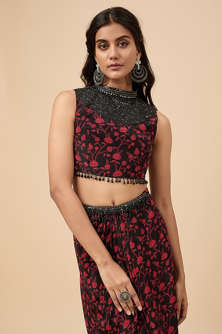 Black Natural Crepe Embroidered & Floral Printed Skirt Set by Essay by Sumedha Agrawal at Pernia's Pop Up Shop