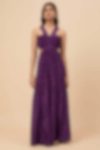 Purple Natural Crepe Floral Printed Dress by Essay by Sumedha Agrawal