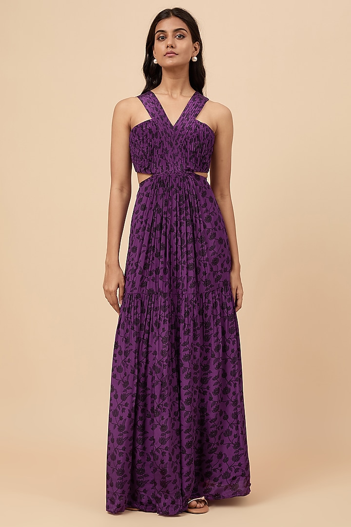 Purple Natural Crepe Floral Printed Dress by Essay by Sumedha Agrawal