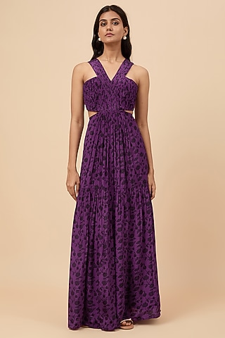 Purple Natural Crepe Floral Printed Dress by Essay by Sumedha Agrawal