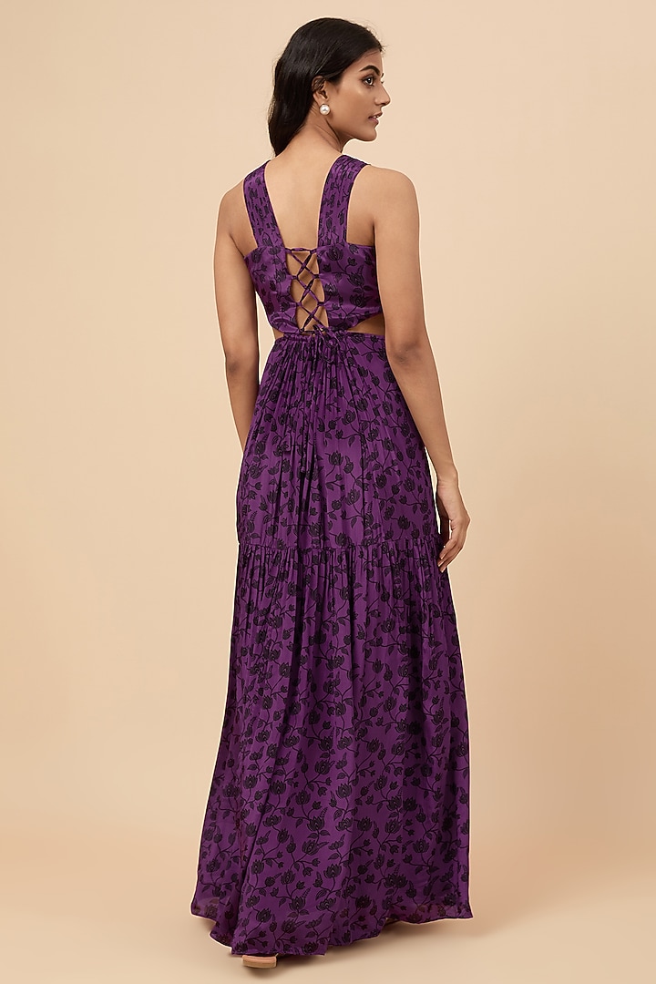 Purple Natural Crepe Floral Printed Summer Dress by Essay by Sumedha Agrawal at Pernia's Pop Up Shop