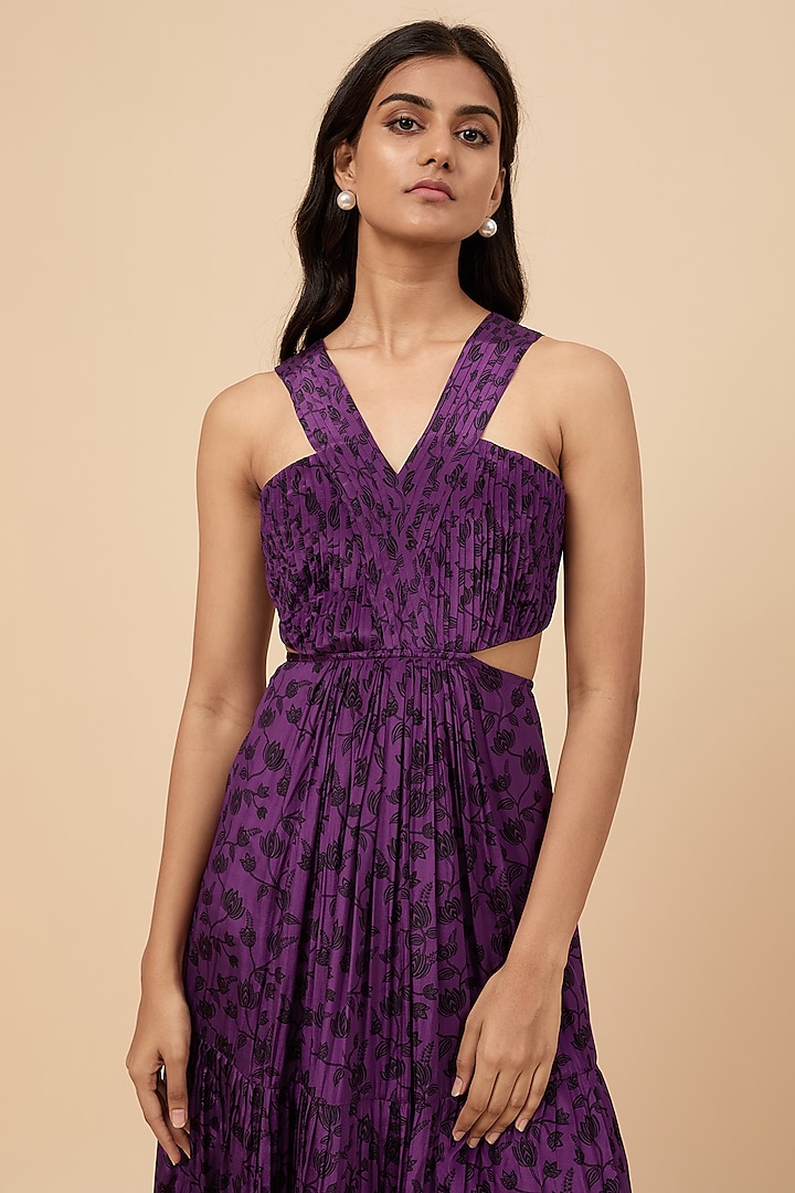 Purple Natural Crepe Floral Printed Summer Dress by Essay by Sumedha Agrawal at Pernia's Pop Up Shop