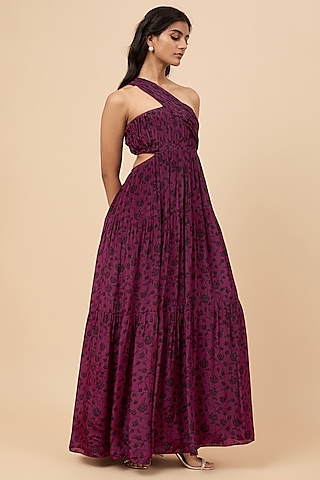 Wine Natural Crepe Floral Printed Dress by Essay by Sumedha Agrawal