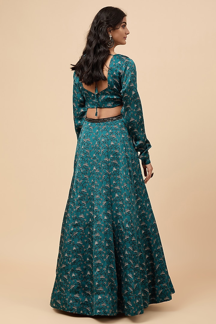 Green Organza Satin Floral Printed Lehenga Set by Essay by Sumedha Agrawal at Pernia's Pop Up Shop