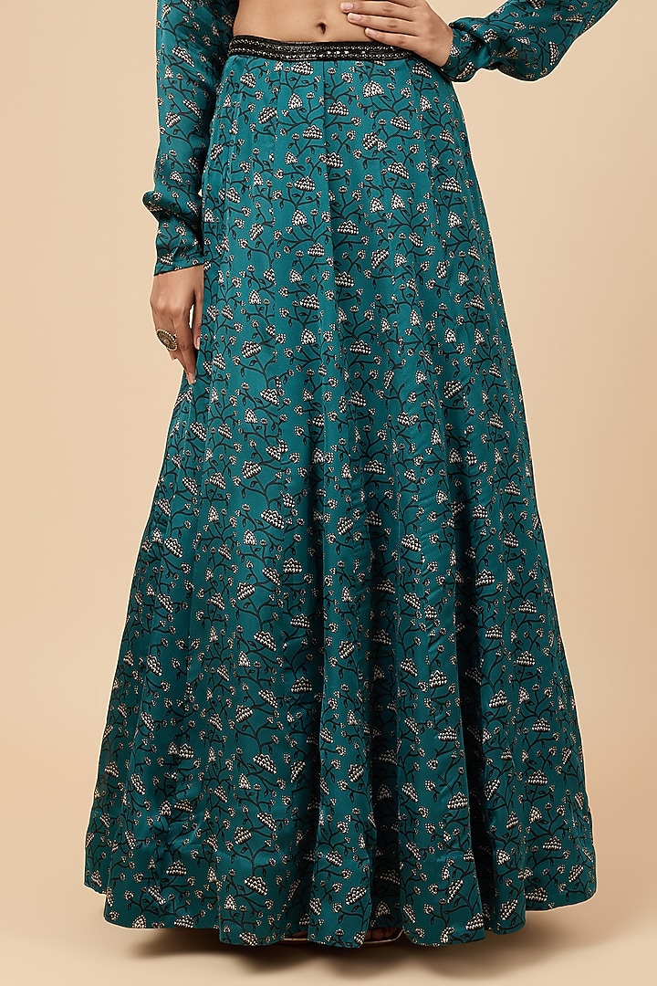 Green Organza Satin Floral Printed Lehenga Set by Essay by Sumedha Agrawal at Pernia's Pop Up Shop