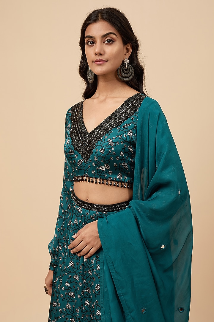 Green Organza Satin Floral Printed Lehenga Set by Essay by Sumedha Agrawal at Pernia's Pop Up Shop