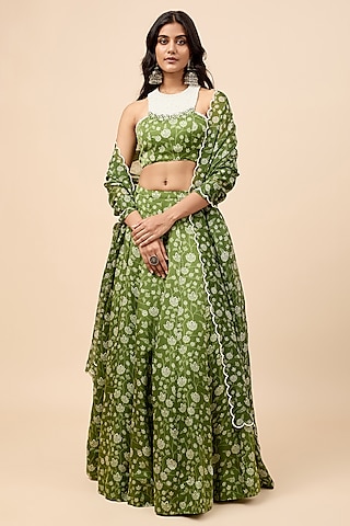 Green Organza Satin Floral Printed Lehenga Set by Essay by Sumedha Agrawal