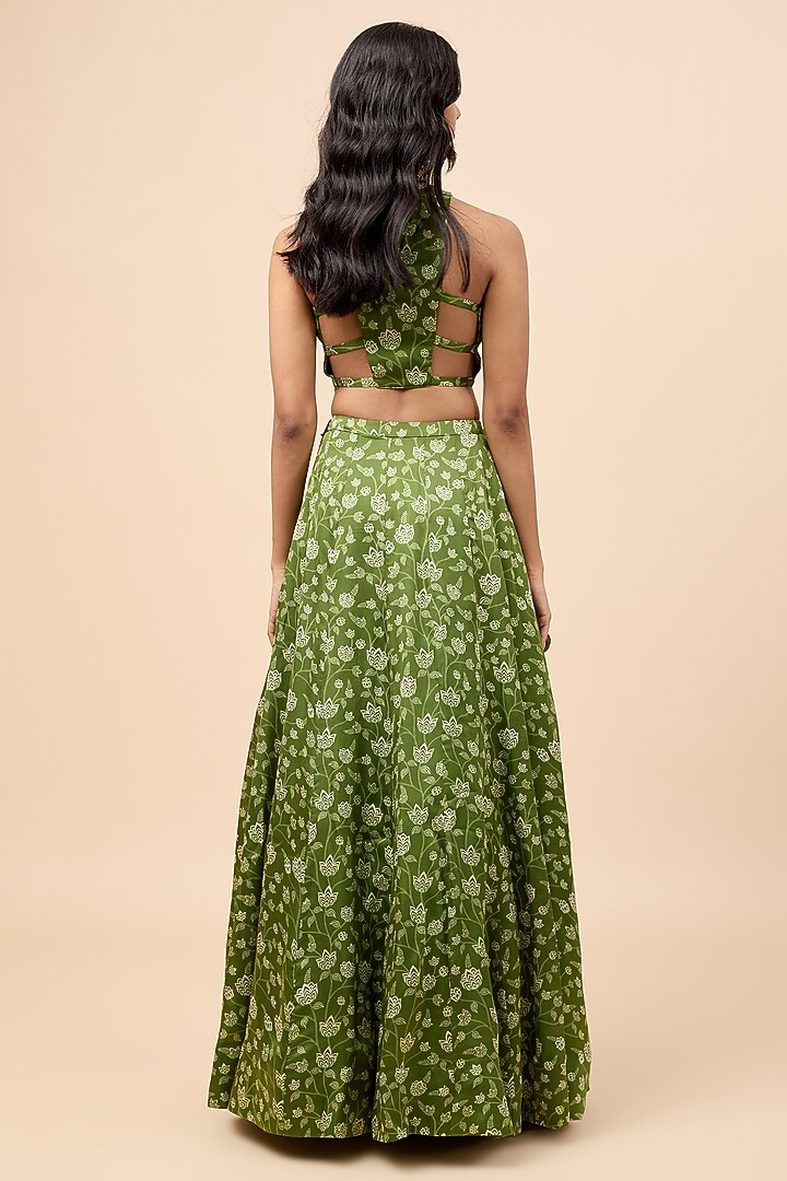 Green Organza Satin Floral Printed Lehenga Set by Essay by Sumedha Agrawal at Pernia's Pop Up Shop