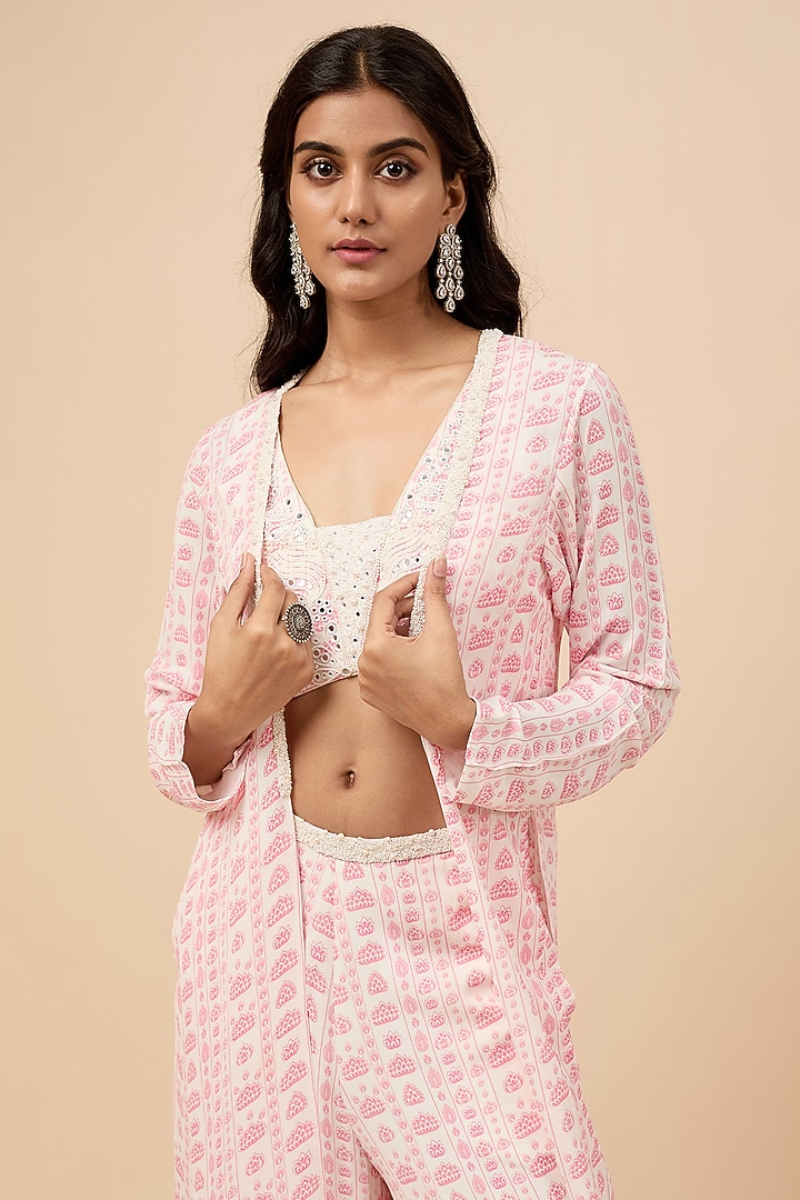 Wine Double Georgette Hand Embroidered & Floral Printed Jacket Set by Essay by Sumedha Agrawal at Pernia's Pop Up Shop