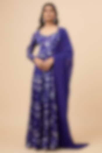 Blue Organza Satin Floral Printed & Stone Embroidered Anarkali Set by Essay by Sumedha Agrawal