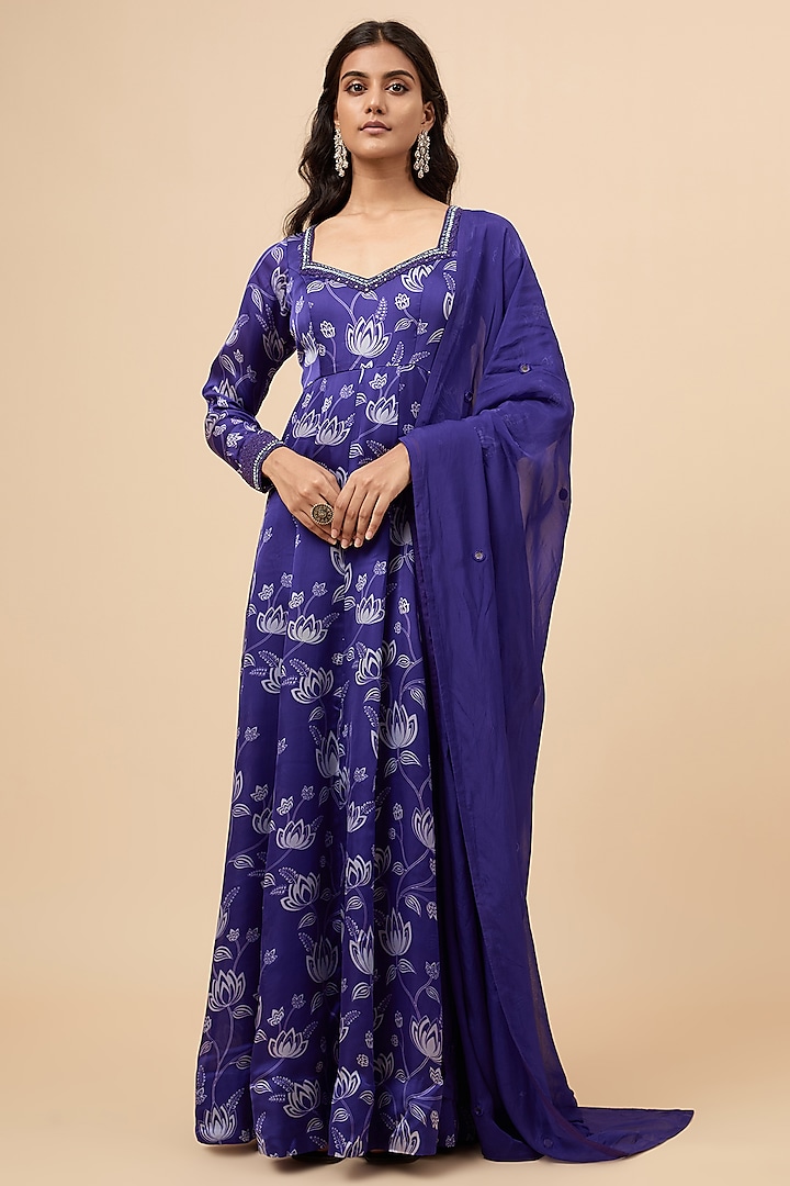 Blue Organza Satin Floral Printed & Stone Embroidered Anarkali Set by Essay by Sumedha Agrawal