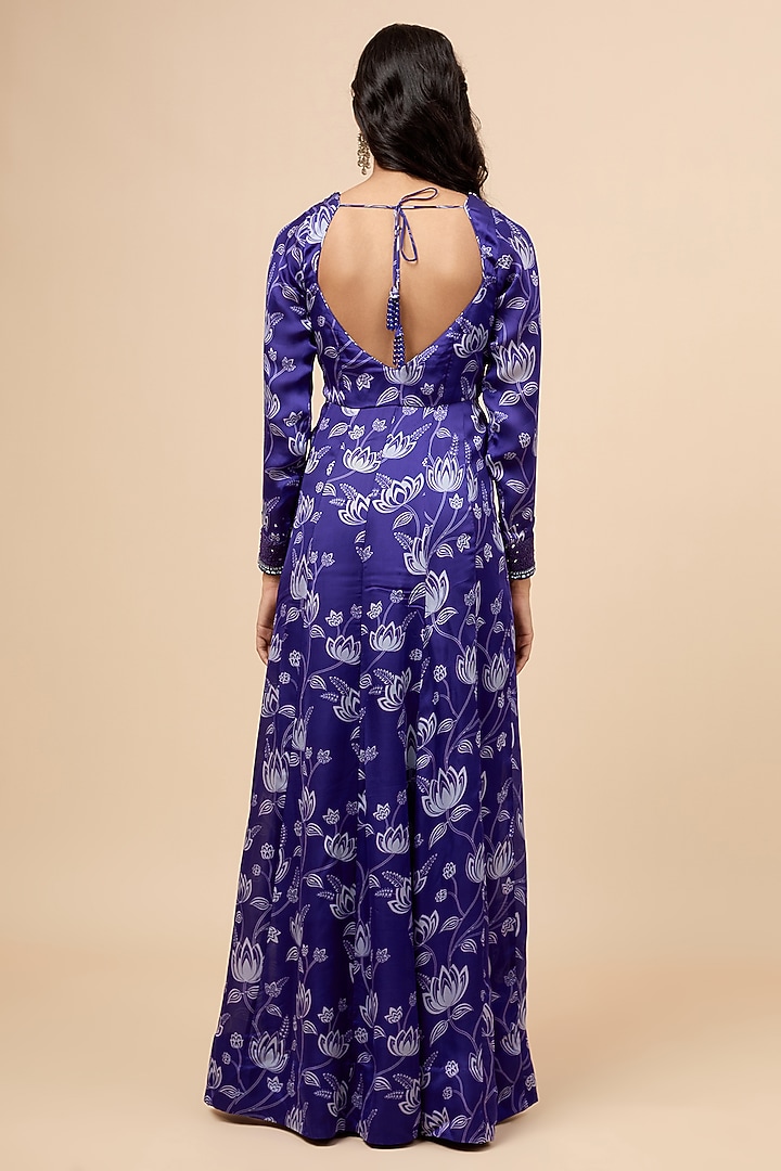 Blue Organza Satin Floral Printed & Stone Embroidered Party Wear Anarkali Set by Essay by Sumedha Agrawal at Pernia's Pop Up Shop
