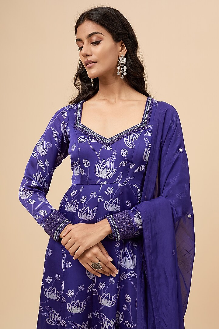 Blue Organza Satin Floral Printed & Stone Embroidered Party Wear Anarkali Set by Essay by Sumedha Agrawal at Pernia's Pop Up Shop