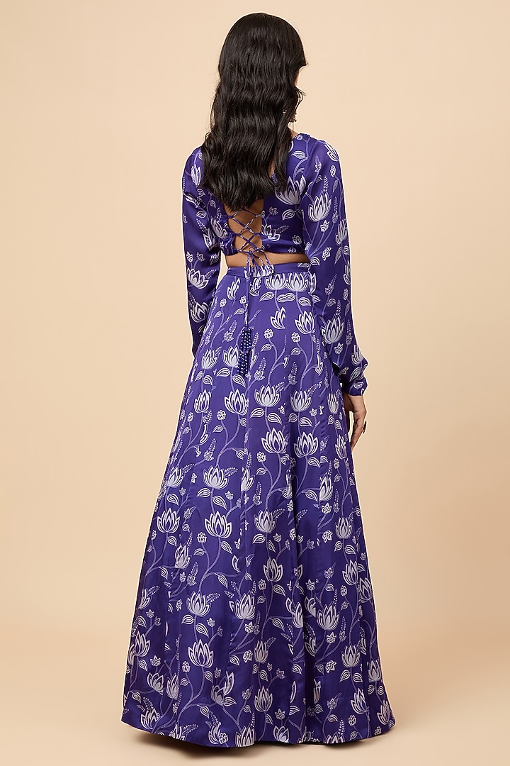 Blue Organza Satin Floral Printed Lehenga Set by Essay by Sumedha Agrawal at Pernia's Pop Up Shop