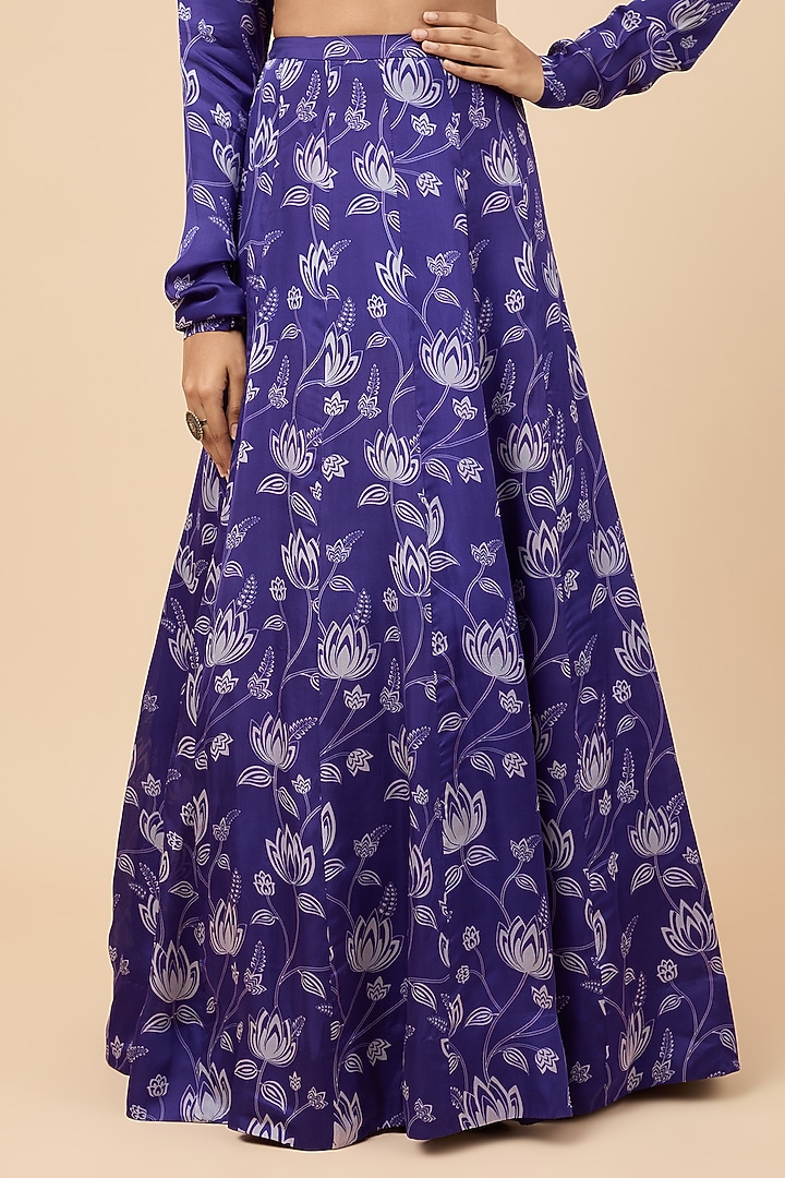 Blue Organza Satin Floral Printed Lehenga Set by Essay by Sumedha Agrawal at Pernia's Pop Up Shop